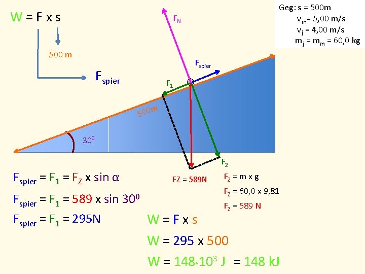W=Fxs Geg: s = 500 m vm= 5, 00 m/s vj = 4, 00