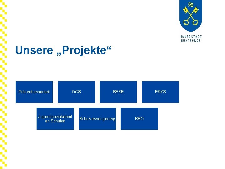 Unsere „Projekte“ Präventionsarbeit OGS Jugendsozialarbeit an Schulen BESE Schulverwei-gerung ESYS BBO 