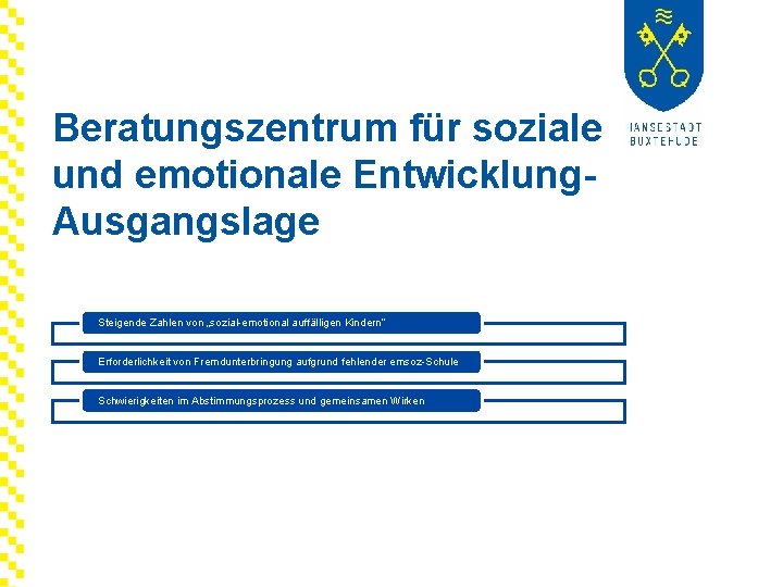Beratungszentrum für soziale und emotionale Entwicklung. Ausgangslage Steigende Zahlen von „sozial-emotional auffälligen Kindern“ Erforderlichkeit