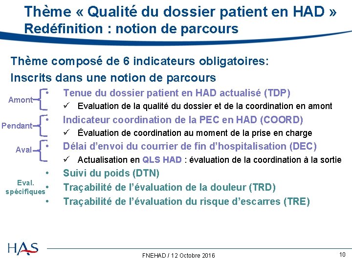 Thème « Qualité du dossier patient en HAD » Redéfinition : notion de parcours