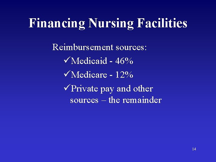 Financing Nursing Facilities Reimbursement sources: üMedicaid - 46% üMedicare - 12% üPrivate pay and