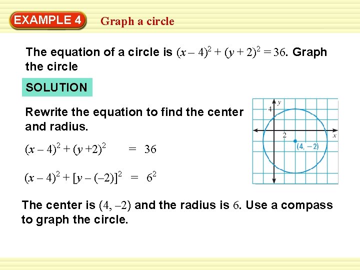 Warm-Up 4 Exercises EXAMPLE Graph a circle The equation of a circle is (x