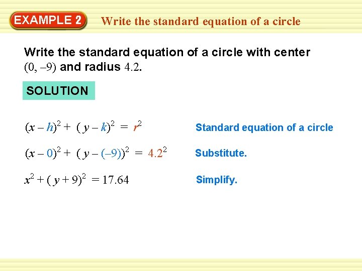 Warm-Up 2 Exercises EXAMPLE Write the standard equation of a circle with center (0,