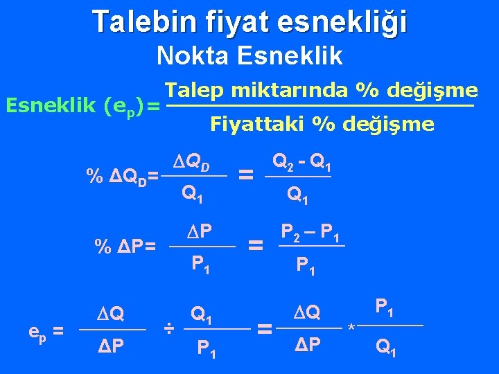 Talebin fiyat esnekliği Nokta Esneklik (ep)= % ΔQD= Talep miktarında % değişme Fiyattaki %