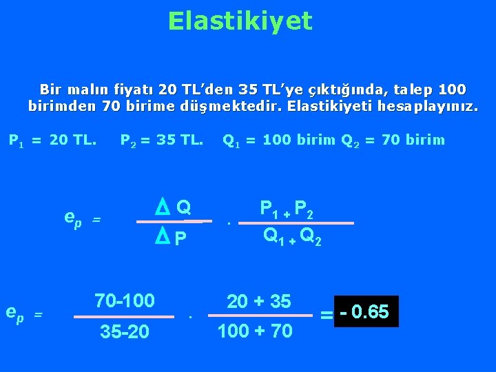 Elastikiyet Bir malın fiyatı 20 TL’den 35 TL’ye çıktığında, talep 100 birimden 70 birime