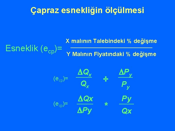 Çapraz esnekliğin ölçülmesi Esneklik (ecp)= X malının Talebindeki % değişme Y Malının Fiyatındaki %