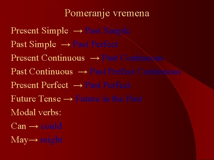 Pomeranje vremena Present Simple → Past Perfect Present Continuous → Past Perfect Continuous Present