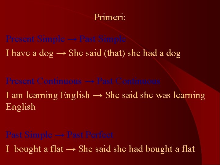 Primeri: Present Simple → Past Simple I have a dog → She said (that)