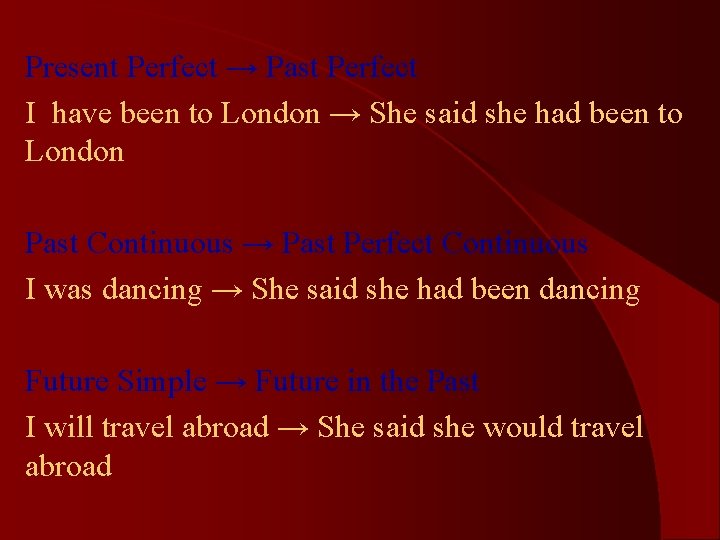 Present Perfect → Past Perfect I have been to London → She said she