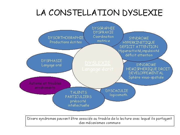 LA CONSTELLATION DYSLEXIE DYSORTHOGRAPHIE Productions écrites DYSPHASIE Langage oral DYSGRAPHIE DYSPRAXIE Coordination motrice DYSLEXIE