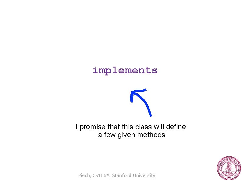 implements I promise that this class will define a few given methods Piech, CS