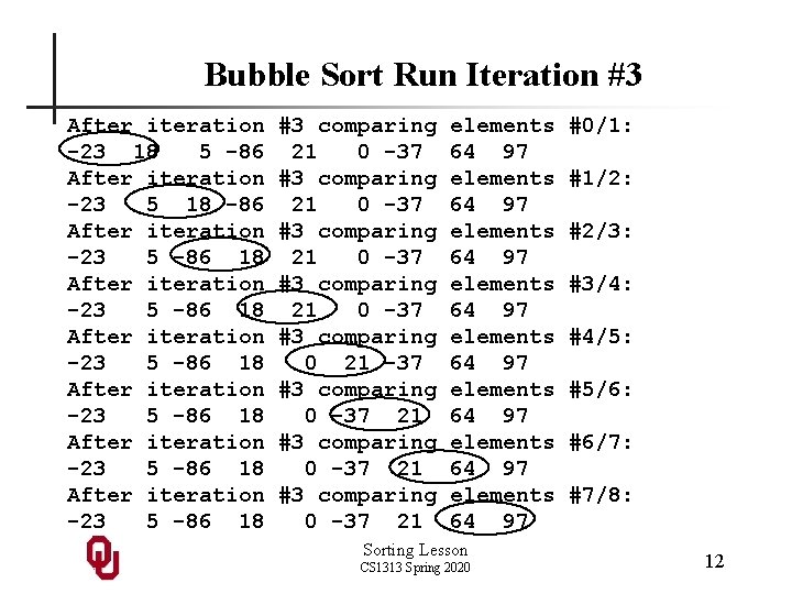 Bubble Sort Run Iteration #3 After iteration -23 18 5 -86 After iteration -23