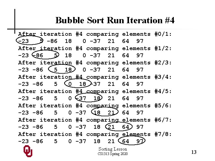Bubble Sort Run Iteration #4 After iteration -23 5 -86 18 After iteration -23