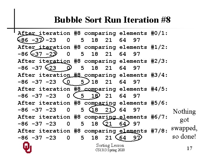 Bubble Sort Run Iteration #8 After iteration -86 -37 -23 0 After iteration -86