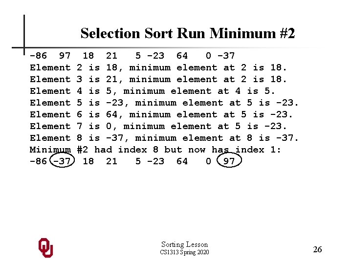 Selection Sort Run Minimum #2 -86 97 Element Element Minimum -86 -37 18 21