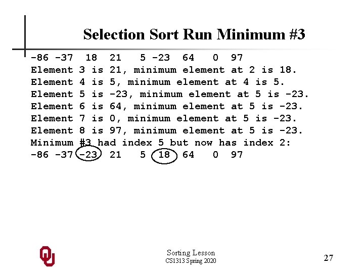 Selection Sort Run Minimum #3 -86 -37 Element Element Minimum -86 -37 18 21