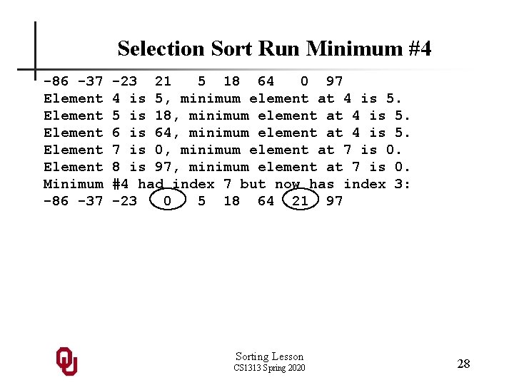 Selection Sort Run Minimum #4 -86 -37 Element Element Minimum -86 -37 -23 21