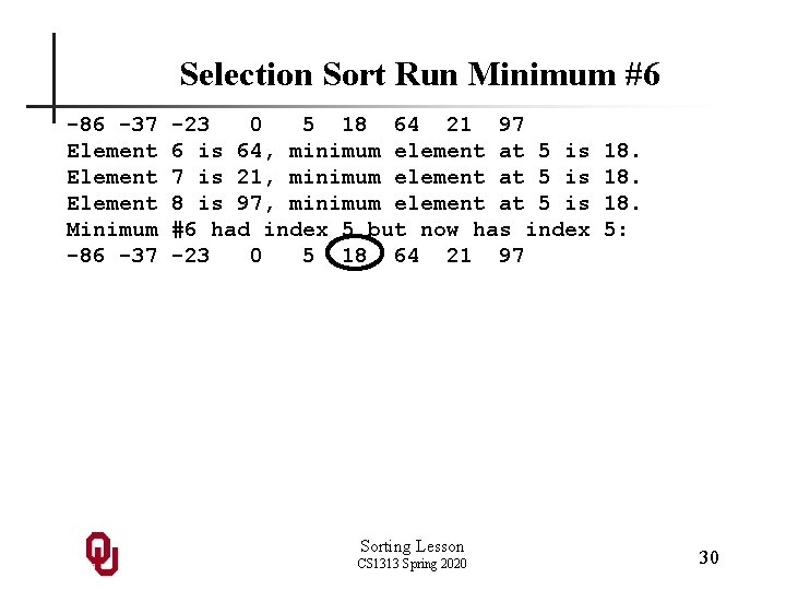 Selection Sort Run Minimum #6 -86 -37 Element Minimum -86 -37 -23 0 5