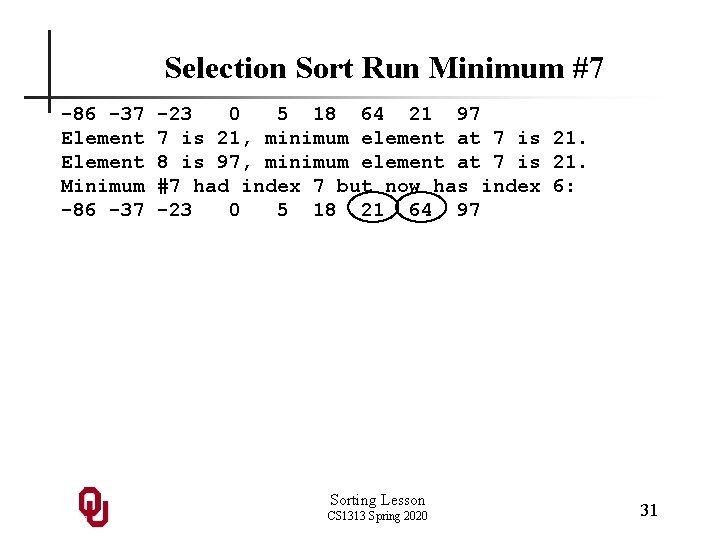 Selection Sort Run Minimum #7 -86 -37 Element Minimum -86 -37 -23 0 5
