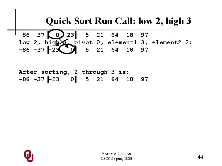 Quick Sort Run Call: low 2, high 3 -86 -37 0 -23 5 21