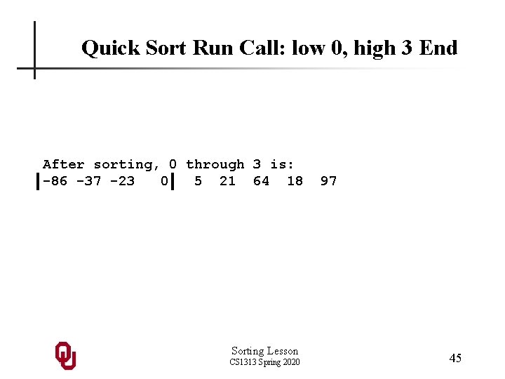 Quick Sort Run Call: low 0, high 3 End After sorting, 0 through 3