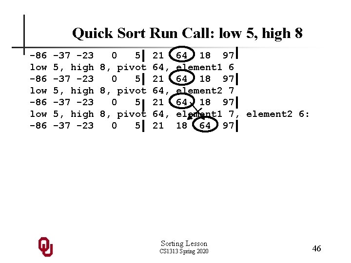 Quick Sort Run Call: low 5, high 8 -86 low -86 -37 -23 0