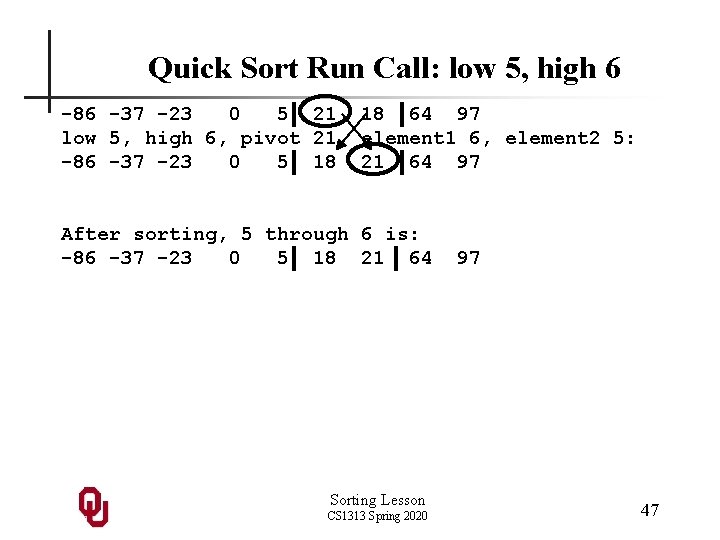 Quick Sort Run Call: low 5, high 6 -86 -37 -23 0 5 21