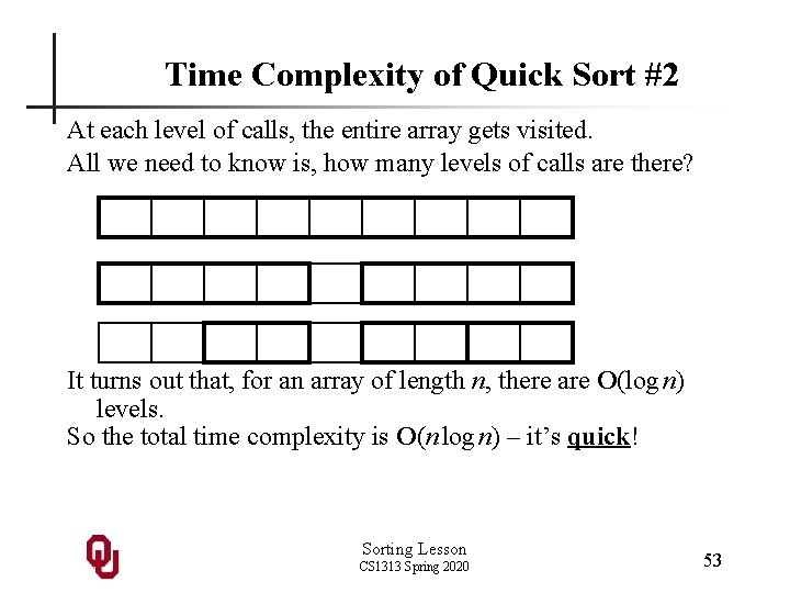 Time Complexity of Quick Sort #2 At each level of calls, the entire array