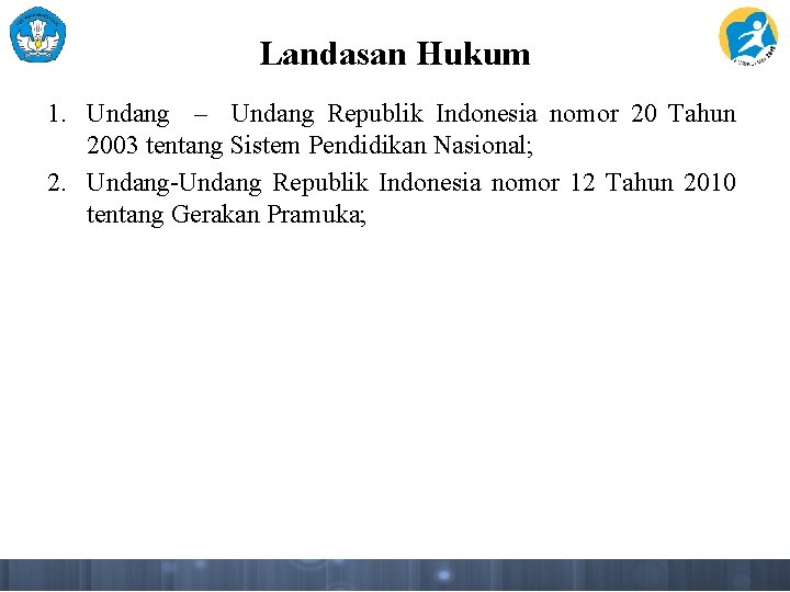 Landasan Hukum 1. Undang – Undang Republik Indonesia nomor 20 Tahun 2003 tentang Sistem