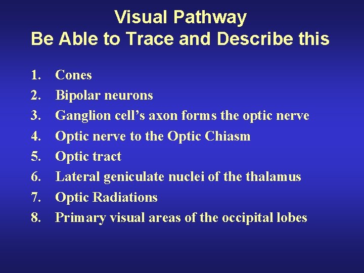 Visual Pathway Be Able to Trace and Describe this 1. 2. 3. 4. 5.