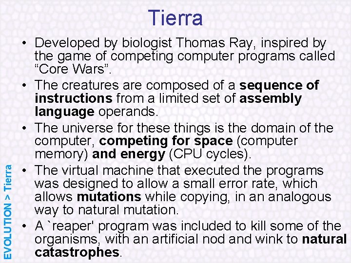 EVOLUTION > Tierra • Developed by biologist Thomas Ray, inspired by the game of