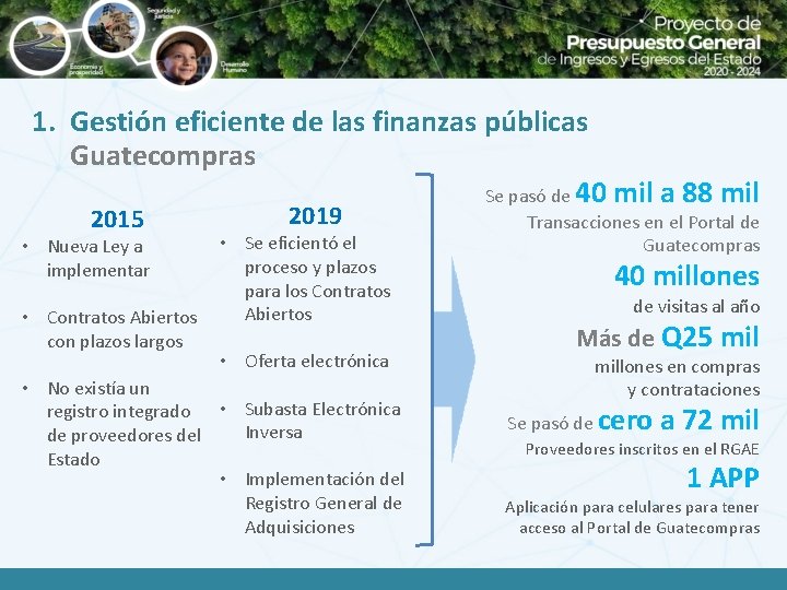 1. Gestión eficiente de las finanzas públicas Guatecompras Se pasó de 40 mil a