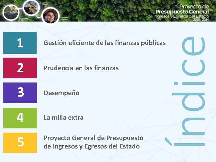 Gestión eficiente de las finanzas públicas 2 Prudencia en las finanzas 3 Desempeño 4