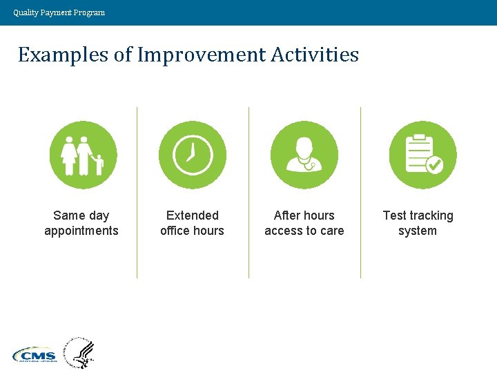 Quality Payment Program Examples of Improvement Activities Same day appointments Extended office hours Value