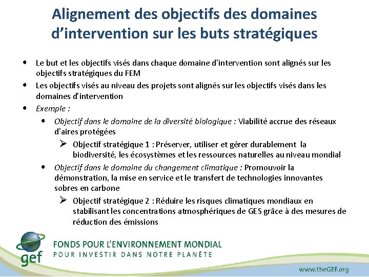 Alignement des objectifs des domaines d’intervention sur les buts stratégiques • Le but et