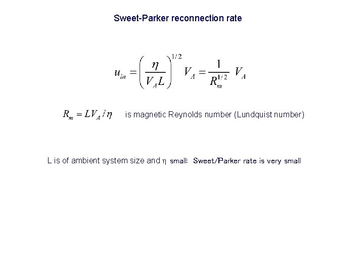 Sweet-Parker reconnection rate is magnetic Reynolds number (Lundquist number) L is of ambient system