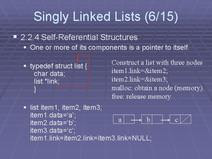 Singly Linked Lists (6/15) § 2. 2. 4 Self-Referential Structures § One or more