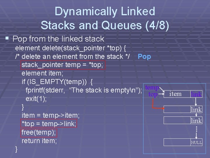 Dynamically Linked Stacks and Queues (4/8) § Pop from the linked stack item link