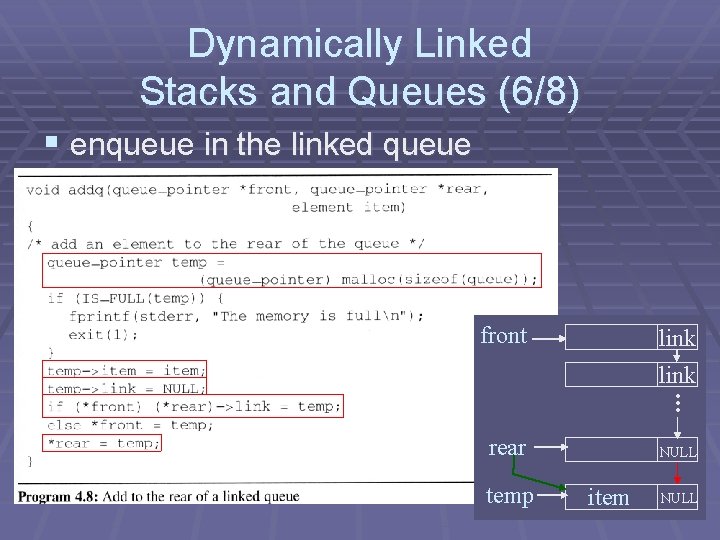 Dynamically Linked Stacks and Queues (6/8) § enqueue in the linked queue front link