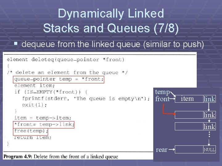 Dynamically Linked Stacks and Queues (7/8) § dequeue from the linked queue (similar to