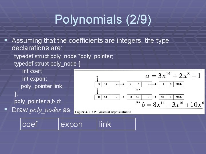 Polynomials (2/9) § Assuming that the coefficients are integers, the type declarations are: typedef