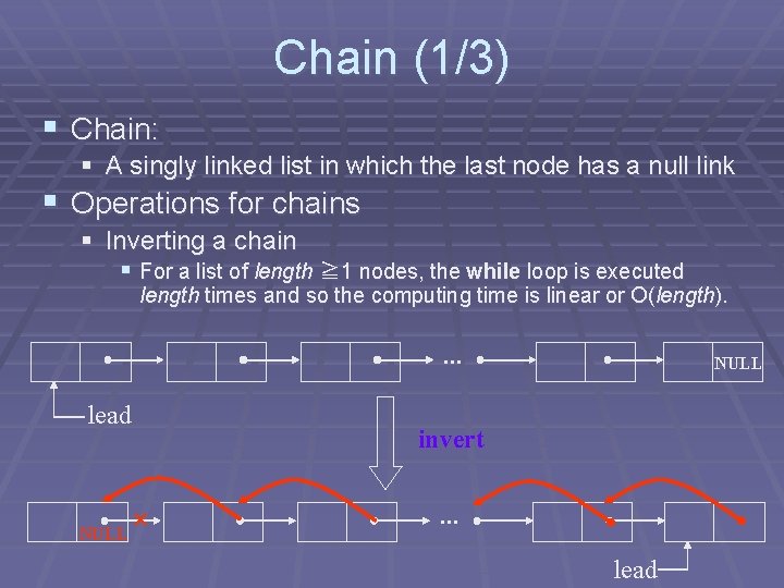 Chain (1/3) § Chain: § A singly linked list in which the last node