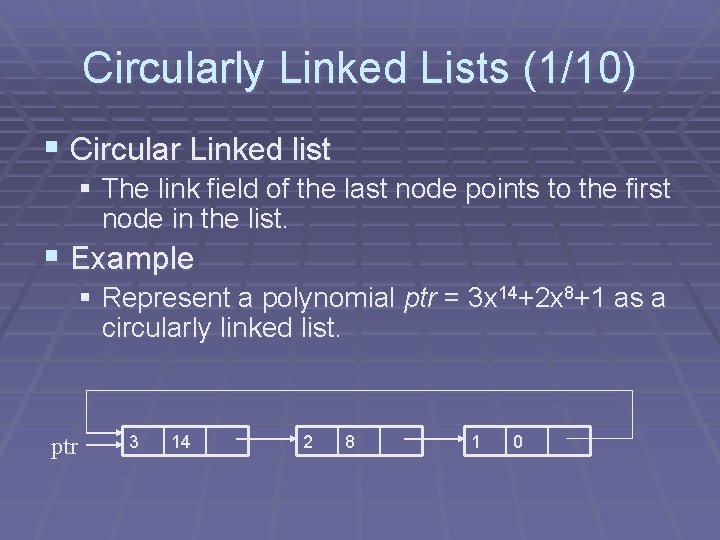 Circularly Linked Lists (1/10) § Circular Linked list § The link field of the