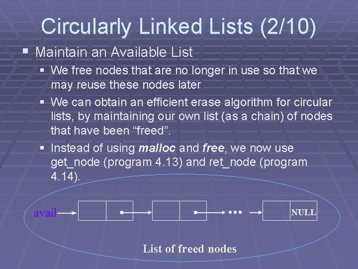 Circularly Linked Lists (2/10) § Maintain an Available List § We free nodes that