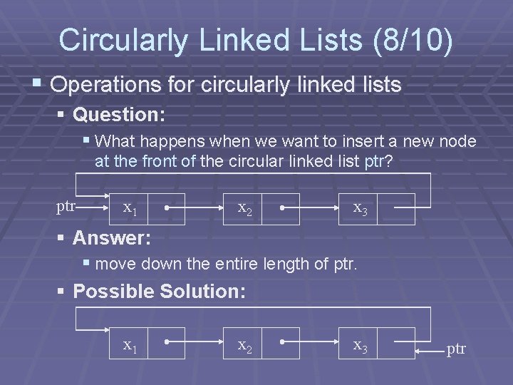 Circularly Linked Lists (8/10) § Operations for circularly linked lists § Question: § What