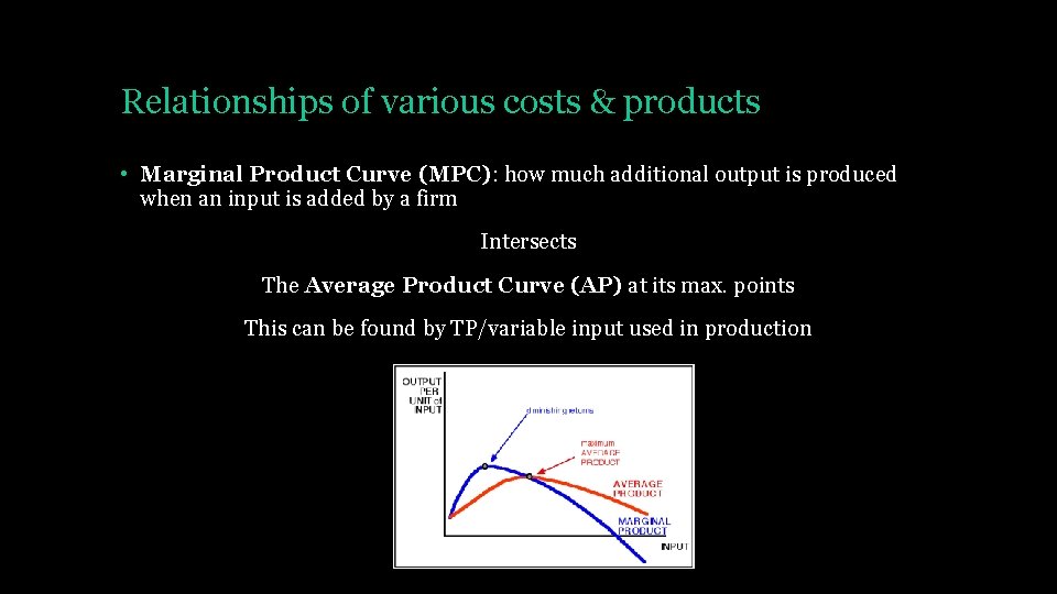 Relationships of various costs & products • Marginal Product Curve (MPC): how much additional