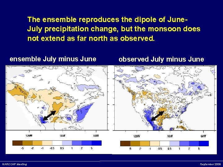 The ensemble reproduces the dipole of June. July precipitation change, but the monsoon does
