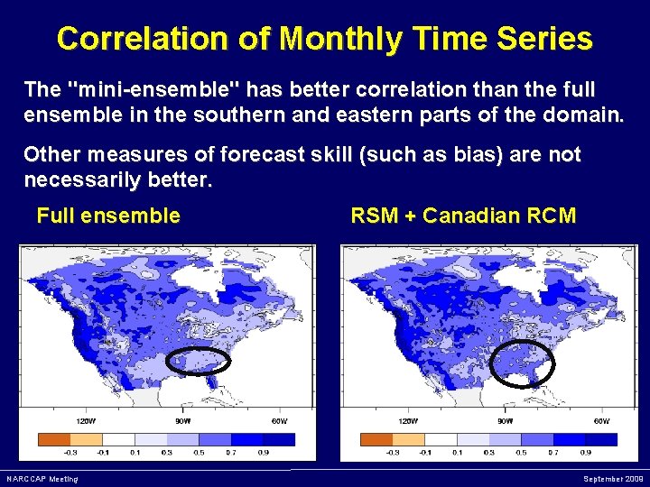 Correlation of Monthly Time Series The "mini-ensemble" has better correlation than the full ensemble
