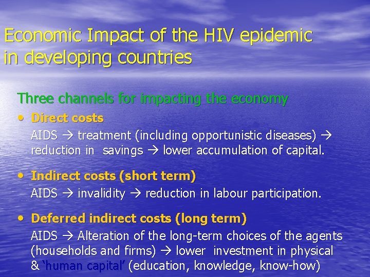 Economic Impact of the HIV epidemic in developing countries Three channels for impacting the