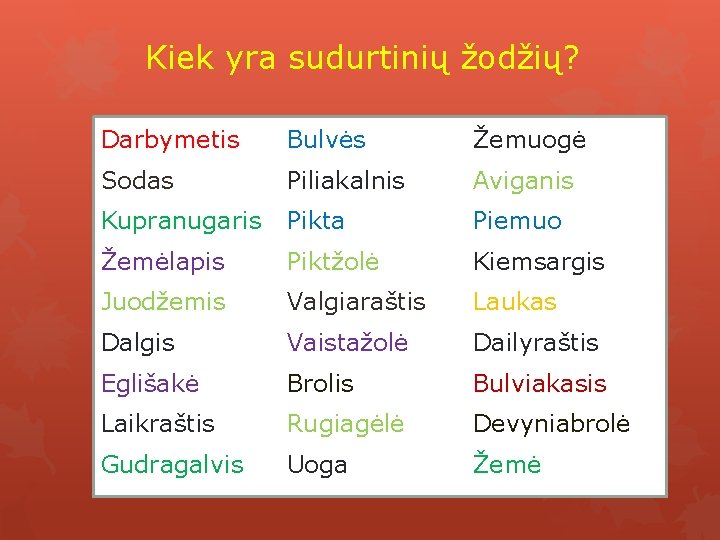 Kiek yra sudurtinių žodžių? Darbymetis Bulvės Žemuogė Sodas Piliakalnis Aviganis Kupranugaris Pikta Piemuo Žemėlapis